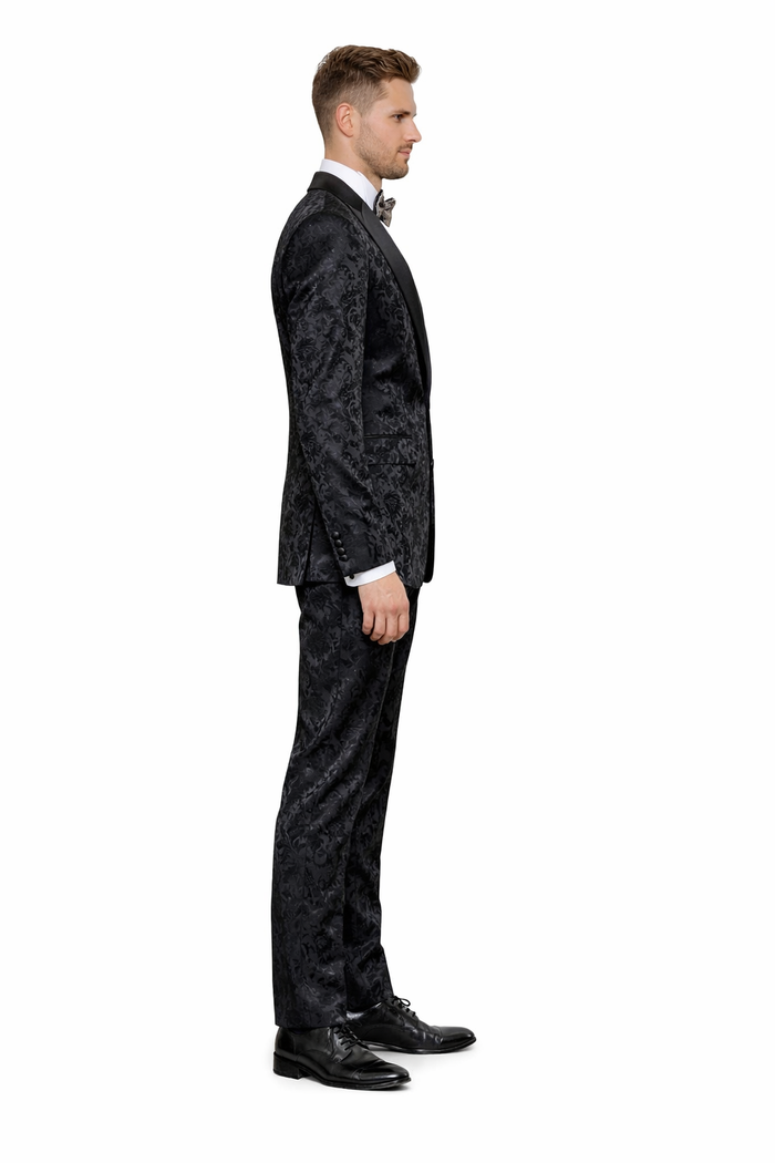 Obsidian Royale Black Jacquard 3-Piece Gala Suit by Rossiman