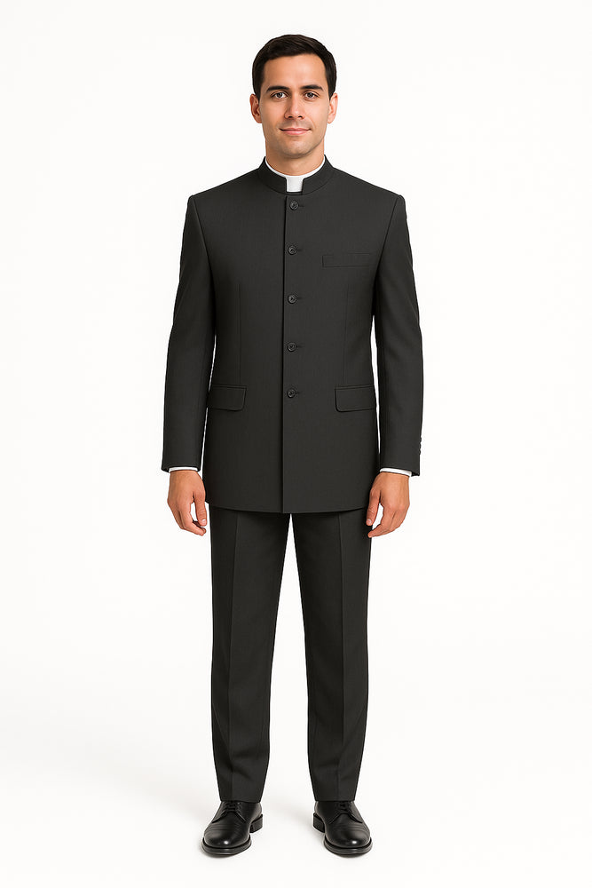 Men's Suit Mandarin Collar Black Pinstripe 5 Button Chinese Nehru Banded Collar Style Three Piece Low Priced Fashion Outfits Suits