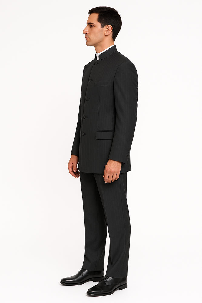 Men's Suit Mandarin Collar Black Pinstripe 5 Button Chinese Nehru Banded Collar Style Three Piece Low Priced Fashion Outfits Suits