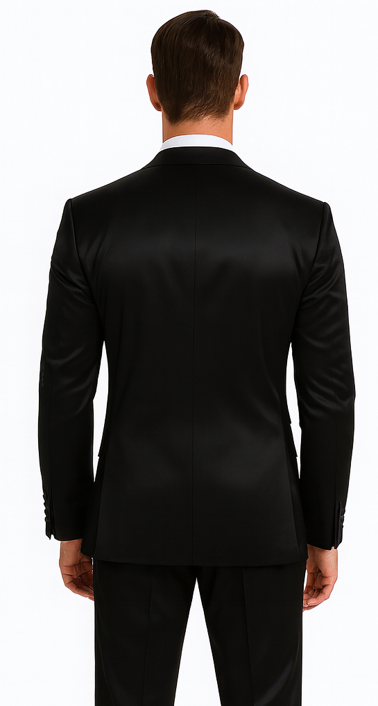 Men's Black Satin 3 Piece Skinny Fit Tazzio Suit with Peak Lapel Jacket and Double Breasted Vest