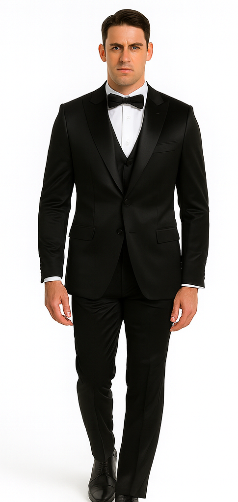 Men's Black Satin 3 Piece Skinny Fit Tazzio Suit with Peak Lapel Jacket and Double Breasted Vest