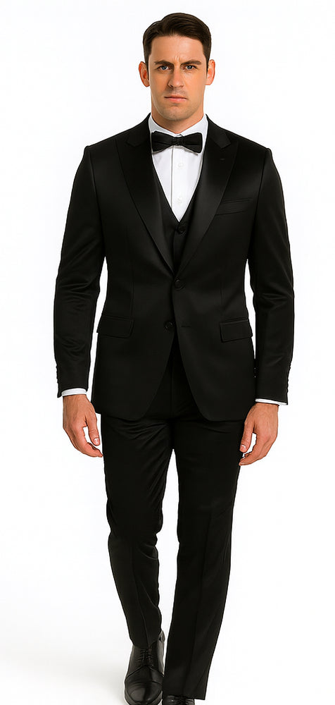 Men's Black Satin 3 Piece Skinny Fit Tazzio Suit with Peak Lapel Jacket and Double Breasted Vest