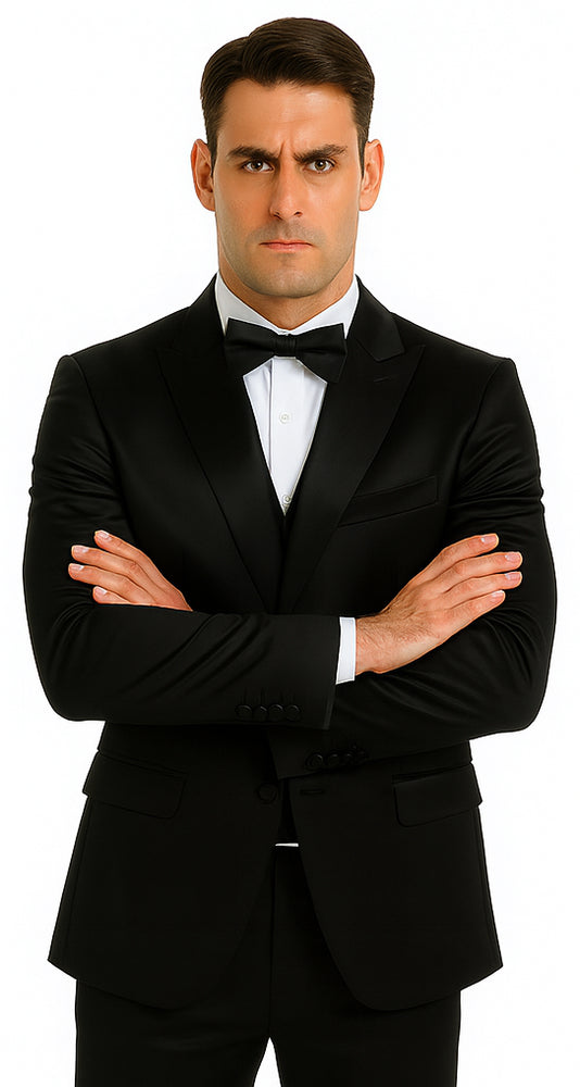 Men's Black Satin 3 Piece Skinny Fit Tazzio Suit with Peak Lapel Jacket and Double Breasted Vest