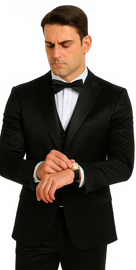 Men's Black Satin 3 Piece Skinny Fit Tazzio Suit with Peak Lapel Jacket and Double Breasted Vest