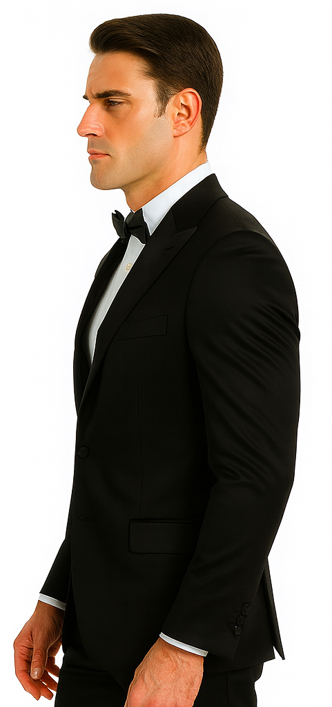 Men's Black Satin 3 Piece Skinny Fit Tazzio Suit with Peak Lapel Jacket and Double Breasted Vest