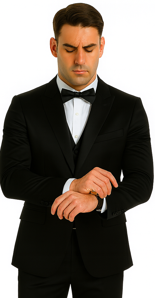 Men's Black Satin 3 Piece Skinny Fit Tazzio Suit with Peak Lapel Jacket and Double Breasted Vest