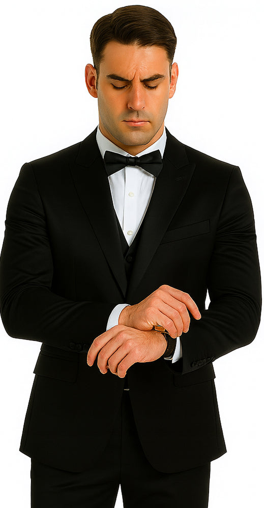 Men's Black Satin 3 Piece Skinny Fit Tazzio Suit with Peak Lapel Jacket and Double Breasted Vest