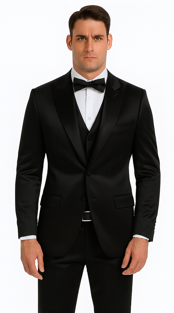 Men's Black Satin 3 Piece Skinny Fit Tazzio Suit with Peak Lapel Jacket and Double Breasted Vest