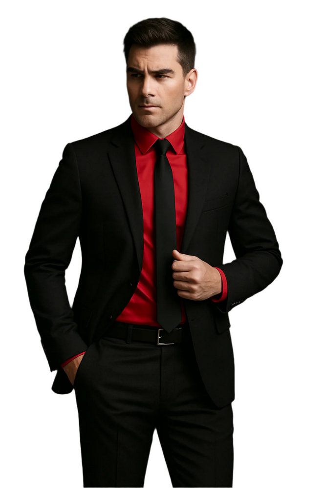 black pant coat with black shirt and red tie
