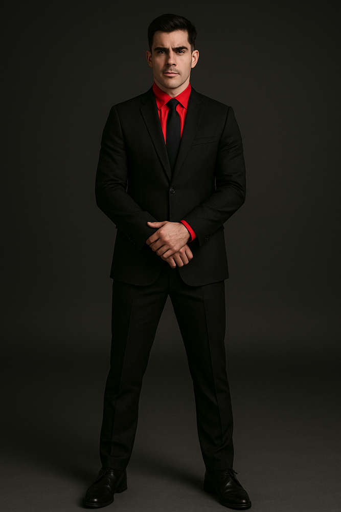 Men's Black Suit Red Shirt Black Tie Package Combo ~ Combination Deal As Seen In The Picture