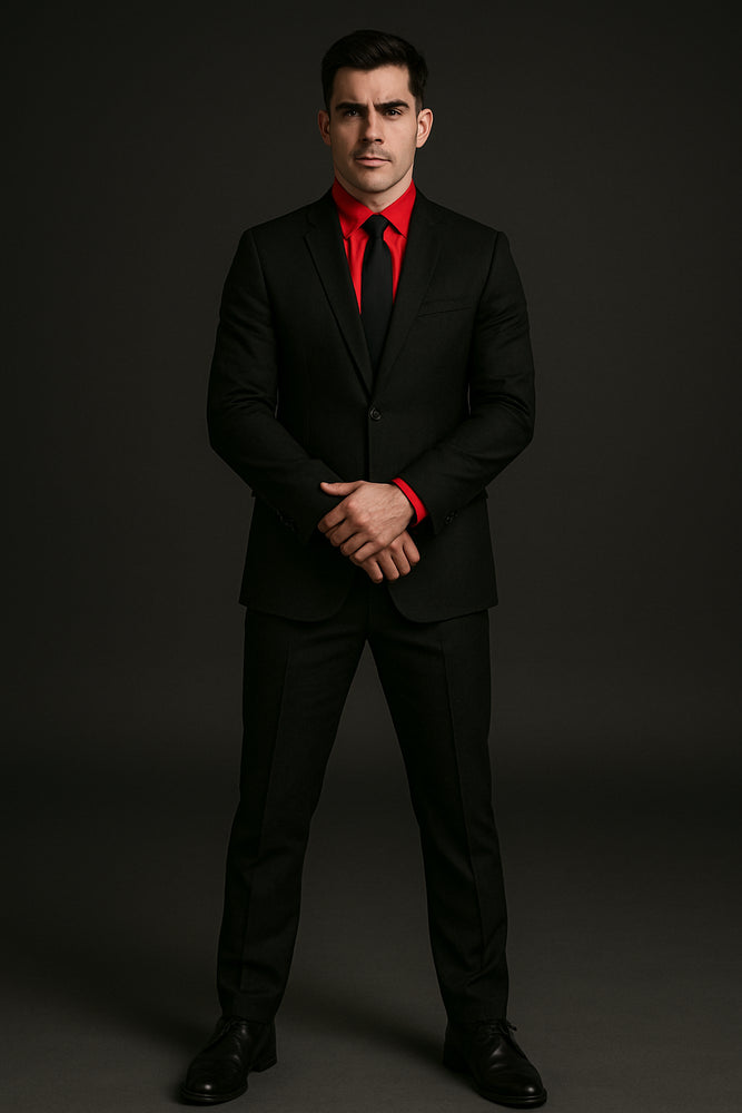 Men's Black Suit Red Shirt Black Tie Package Combo ~ Combination Deal As Seen In The Picture