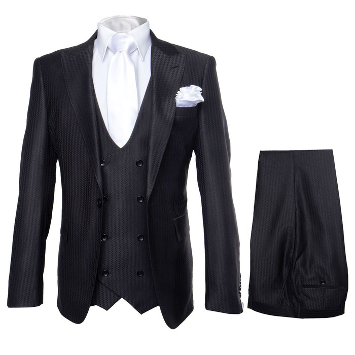 Midnight Onyx Textured 3-Piece Gala Suit with White Accents