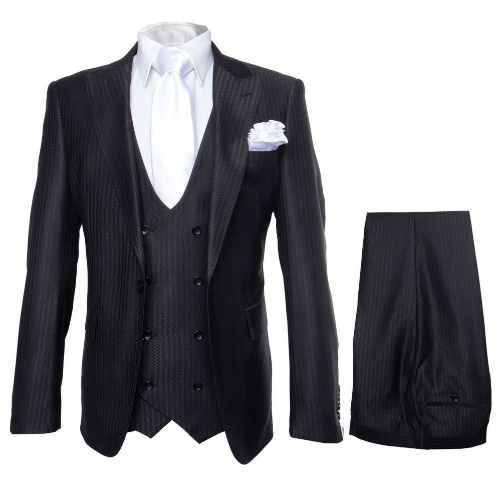 Midnight Onyx Textured 3-Piece Gala Suit with White Accents