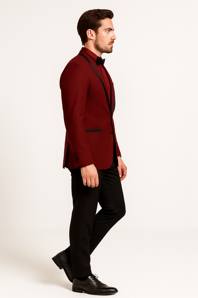 Prom 2025 ~ Wedding Tuxedo Dinner Jacket Burgundy and Black Trim