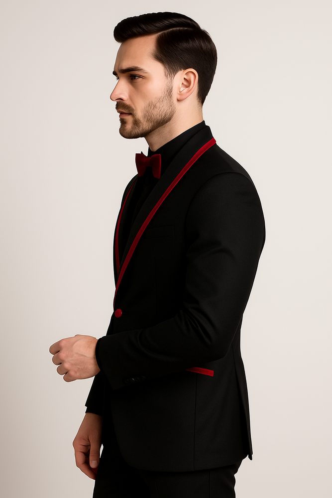 Prom 2025 ~ Wedding Tuxedo Dinner Jacket Black/Burgundy Trim