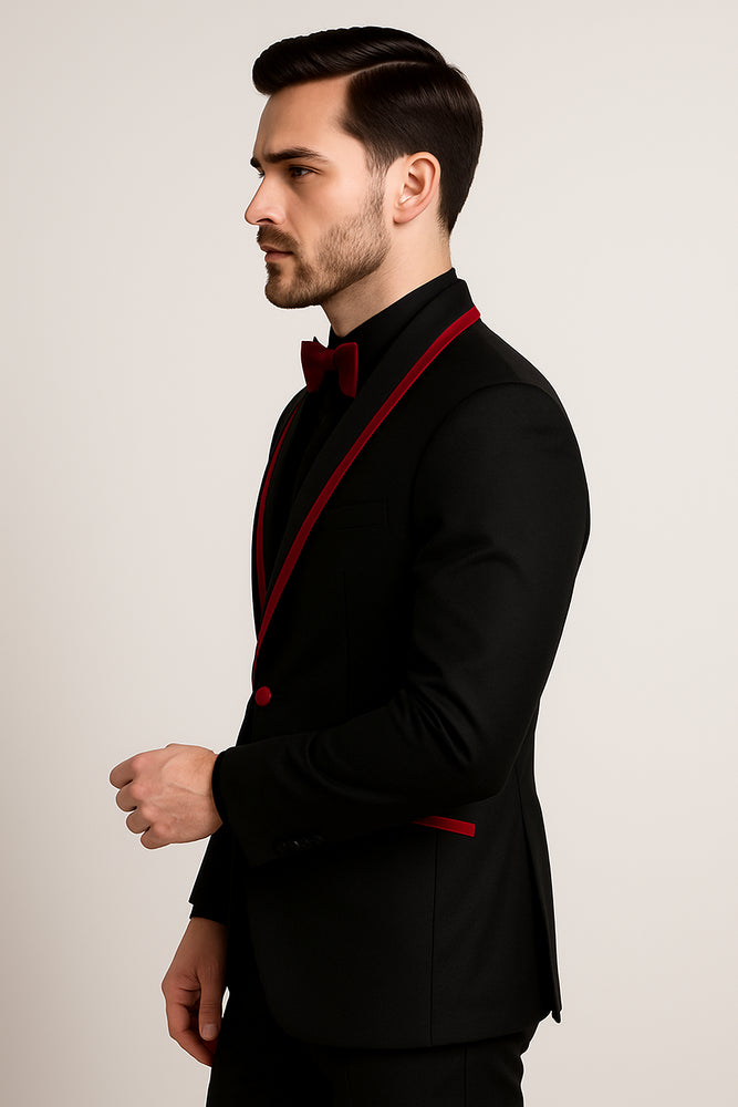 Prom 2026 ~ Wedding Tuxedo Dinner Jacket Black/Burgundy Trim