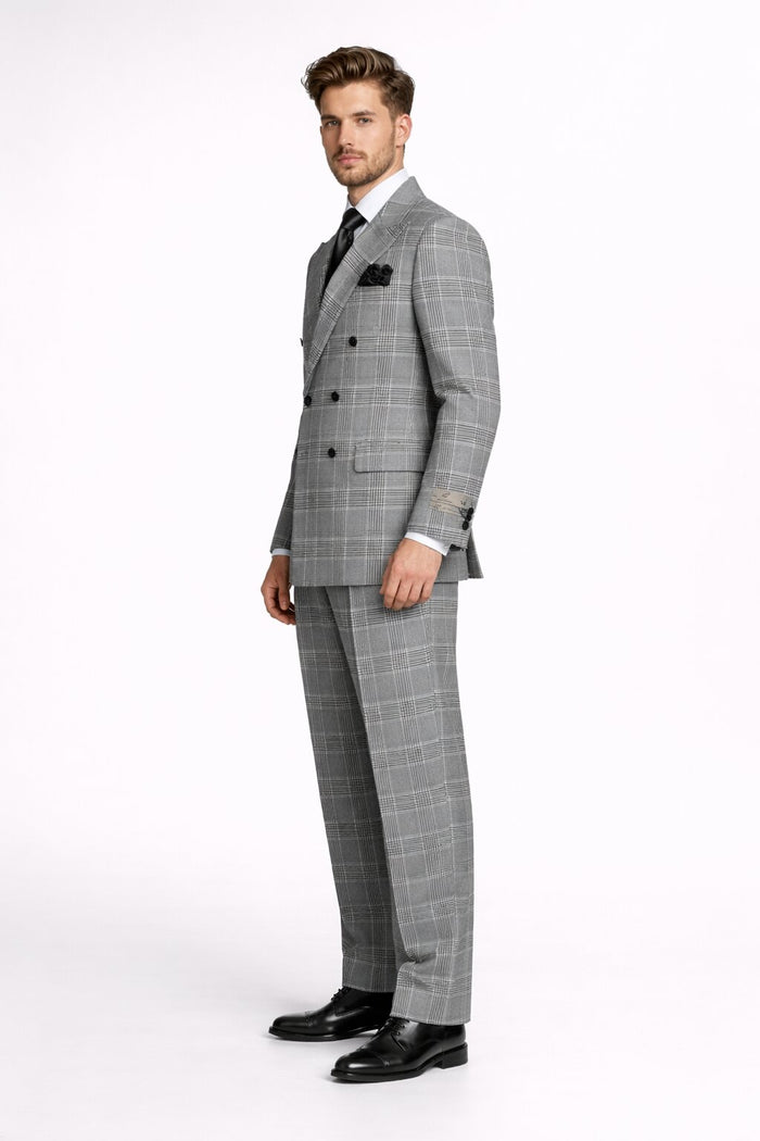 Suits With Baggy Pleated Pants - Wide Leg Pants 100% Wool - Classic Fit in Black and White Plaid Color by Rossiman