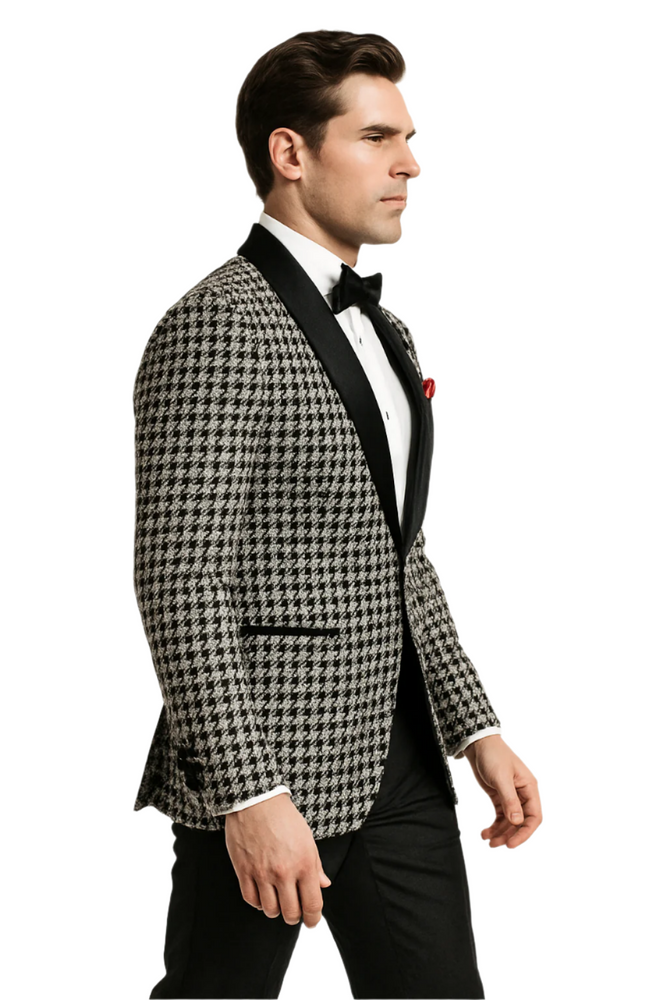 Mens Black and White Tuxedo Houndstooth Prom 2025 Suits - Groom Tuxedo