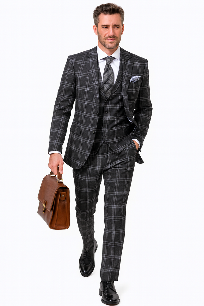 Black Windowpane Pane Suit - Mens Vested 3 Piece Suit - Gangster 1920s Style
