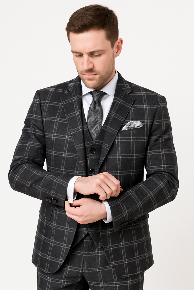 Black Windowpane Pane Suit - Mens Vested 3 Piece Suit - Gangster 1920s Style