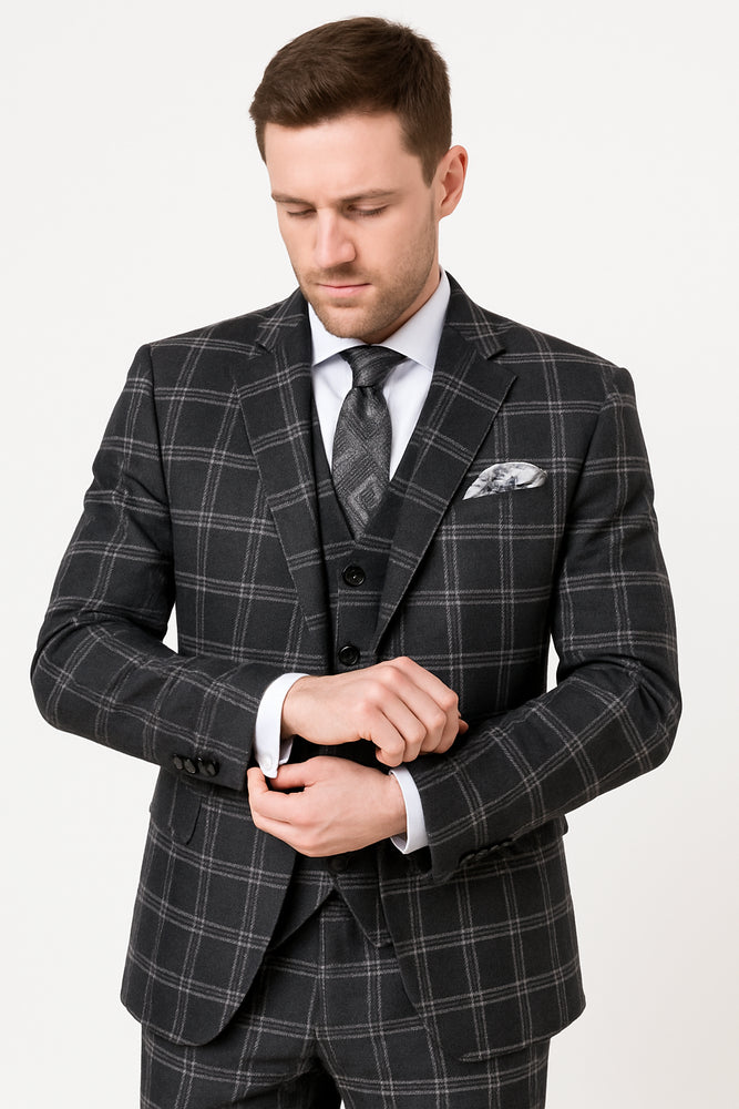 Black Windowpane Pane Suit - Mens Vested 3 Piece Suit - Gangster 1920s Style