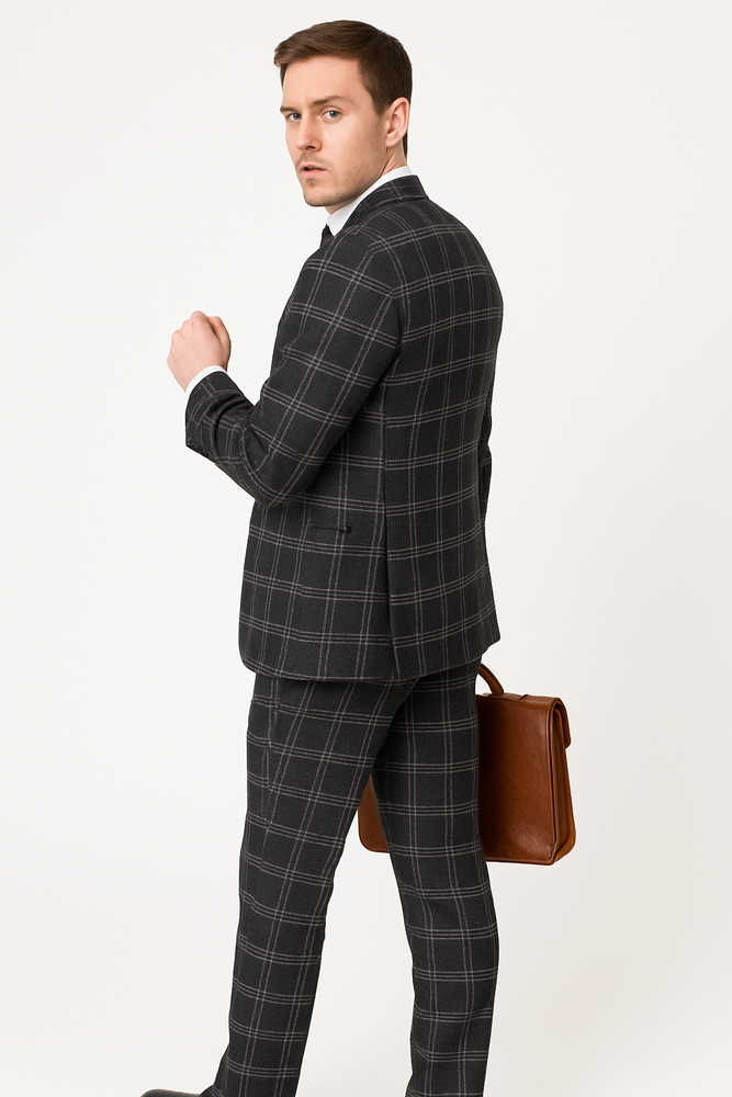 Black Windowpane Pane Suit - Mens Vested 3 Piece Suit - Gangster 1920s Style