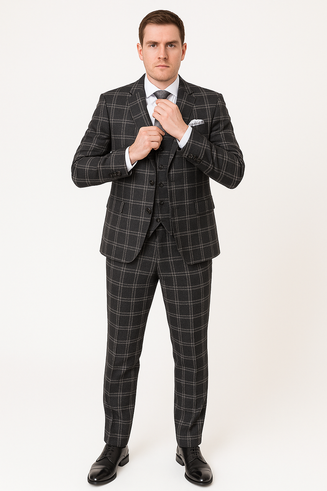 Black Windowpane Pane Suit - Mens Vested 3 Piece Suit - Gangster 1920s Style