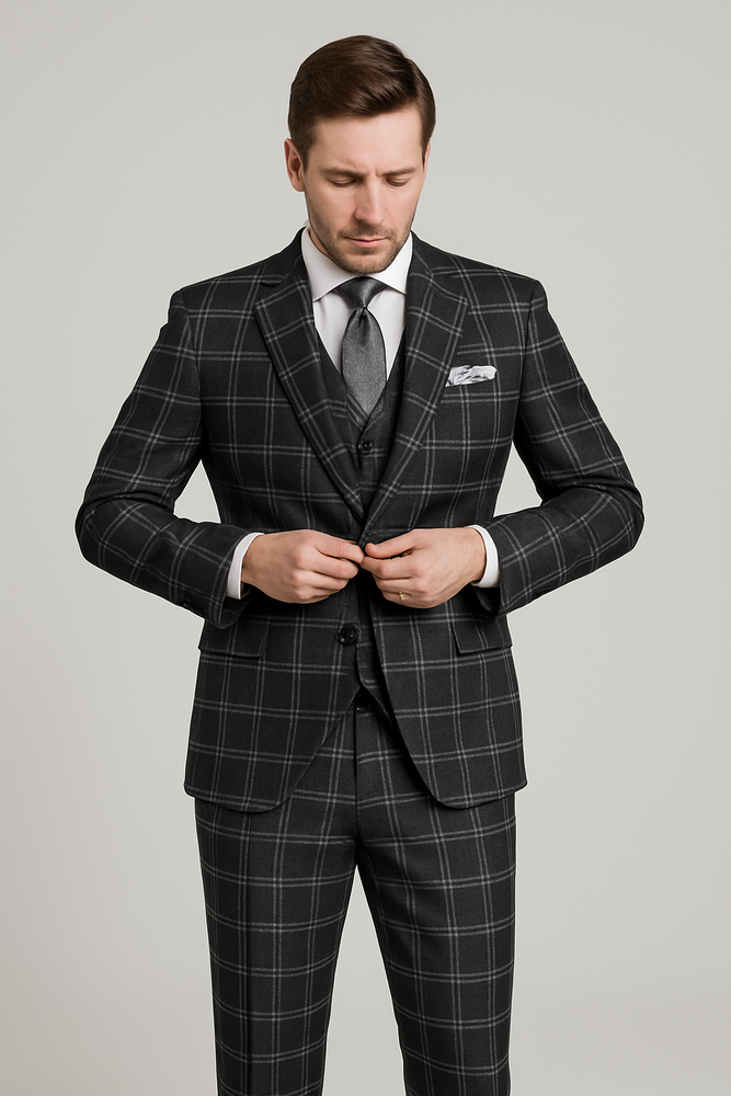 Black Windowpane Pane Suit - Mens Vested 3 Piece Suit - Gangster 1920s Style