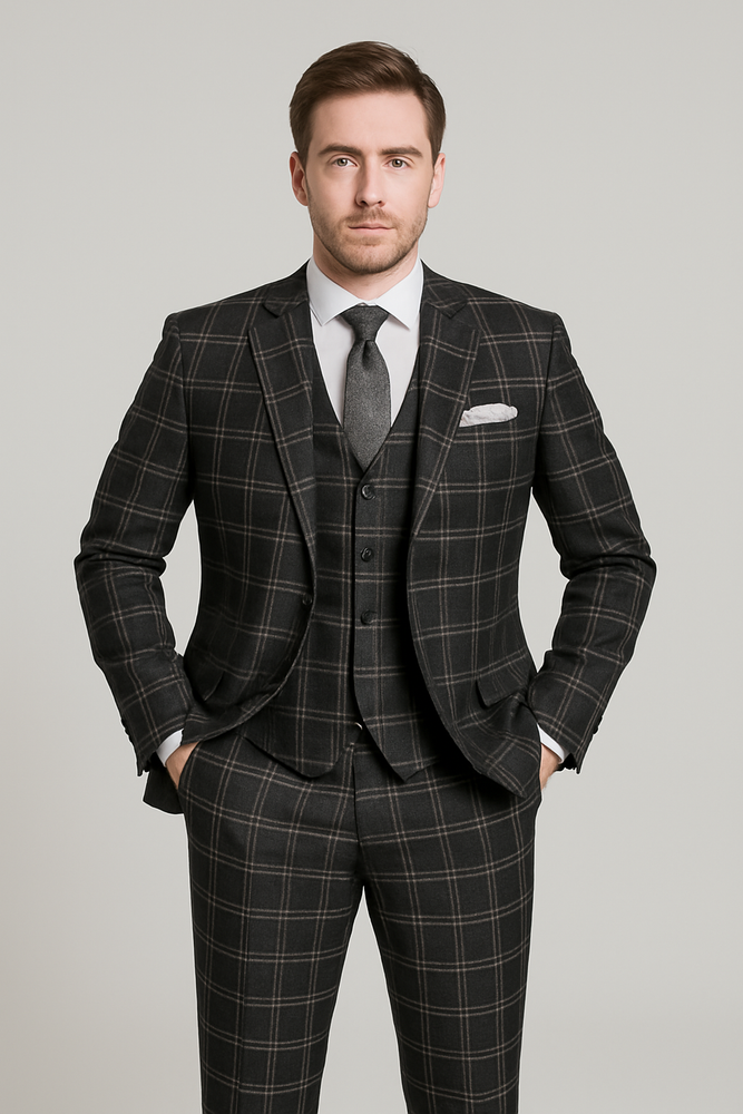 Black Windowpane Pane Suit - Mens Vested 3 Piece Suit - Gangster 1920s Style