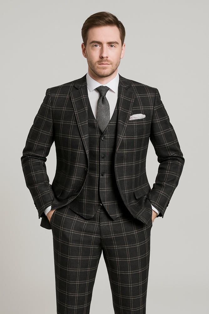 Black Windowpane Pane Suit - Mens Vested 3 Piece Suit - Gangster 1920s Style
