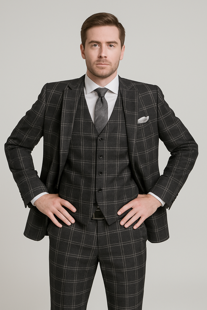 Black Windowpane Pane Suit - Mens Vested 3 Piece Suit - Gangster 1920s Style
