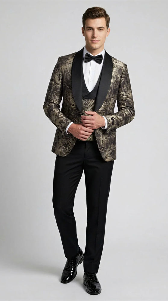 Black & Gold Floral Shawl Lapel Tuxedo Set – Wedding & Prom