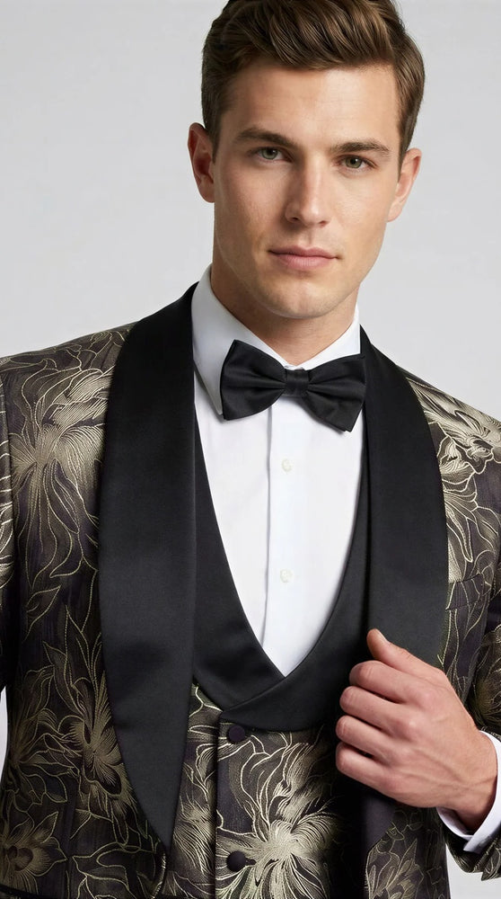 Black & Gold Floral Shawl Lapel Tuxedo Set – Wedding & Prom