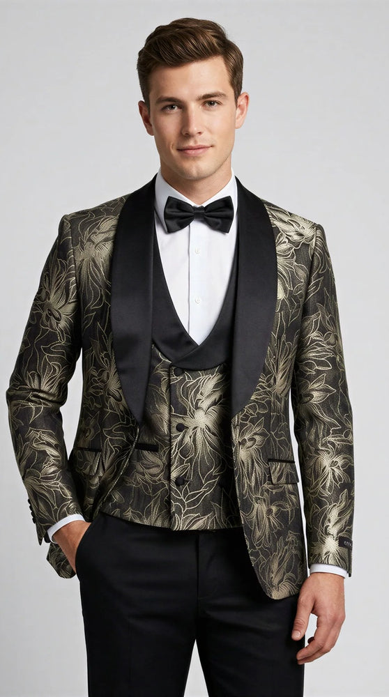 Black & Gold Floral Shawl Lapel Tuxedo Set – Wedding & Prom