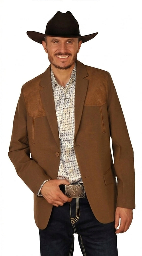 Men's Suede Cowboy Blazer Ultra Slim Fit Mens Western Blazer with Suede Shoulder in Color "Brown"