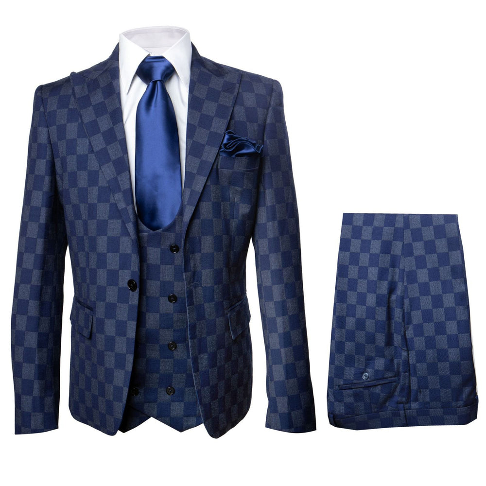 Royal Blue Checkered 3-Piece Executive Suit with Matching Vest