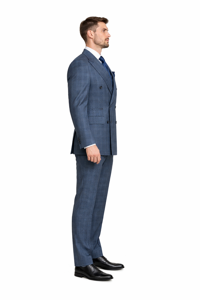 Mens Rossiman Blue Plaid Double Breasted Suit – Modern 6-Button Tailored Fit