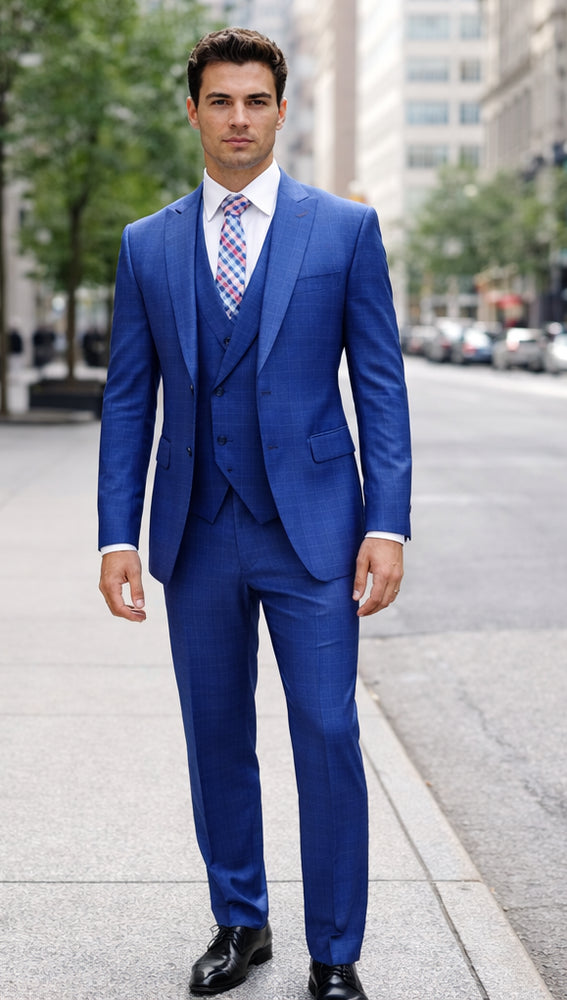 Blue Plaid Suit - Vested Suit - 3 Piece Suits - Peak Lapel Suits - Windowpane Suit - 2 Button