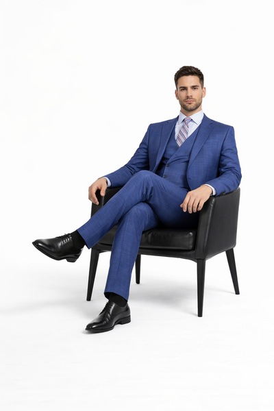 Blue Plaid Suit - Vested Suit - 3 Piece Suits - Peak Lapel Suits - Windowpane Suit - 2 Button