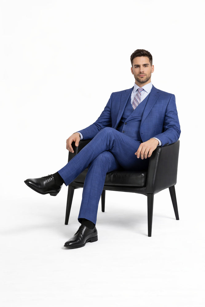 Blue Plaid Suit - Vested Suit - 3 Piece Suits - Peak Lapel Suits - Windowpane Suit - 2 Button