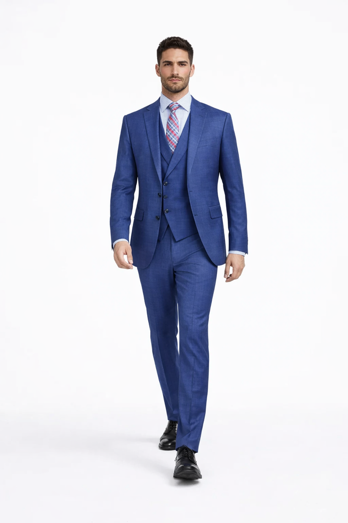 Blue Plaid Suit - Vested Suit - 3 Piece Suits - Peak Lapel Suits - Windowpane Suit - 2 Button