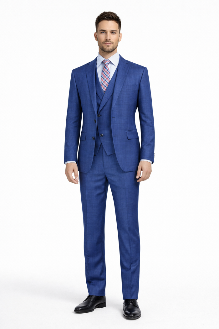 Blue Plaid Suit - Vested Suit - 3 Piece Suits - Peak Lapel Suits - Windowpane Suit - 2 Button