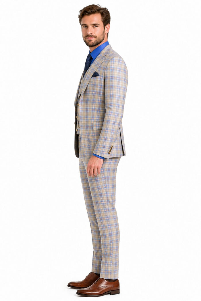 Blue Plaid Suit - Vested Suit - 3 Piece Suits - Peak Lapel Suits - Windowpane Suit - 2 Button
