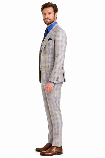 Blue Plaid Suit - Vested Suit - 3 Piece Suits - Peak Lapel Suits - Windowpane Suit - 2 Button