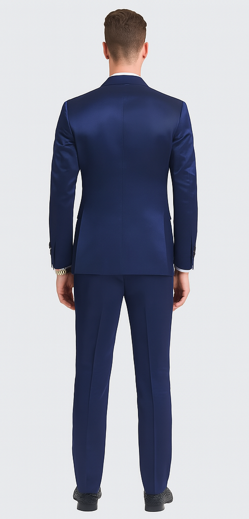 Men's Blue Satin 3 Piece Slim Fit Tazzio Suit with Peak Lapel and Double Breasted Vest – Stylish Formalwear