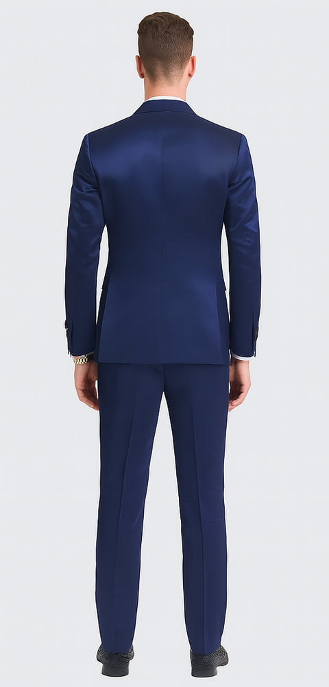 Men's Blue Satin 3 Piece Slim Fit Tazzio Suit with Peak Lapel and Double Breasted Vest – Stylish Formalwear