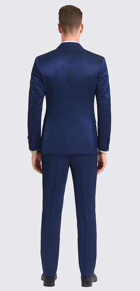 Men's Blue Satin 3 Piece Slim Fit Tazzio Suit with Peak Lapel and Double Breasted Vest – Stylish Formalwear