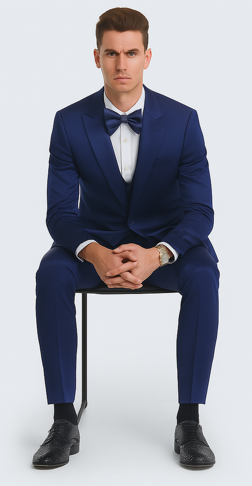 Men's Blue Satin 3 Piece Slim Fit Tazzio Suit with Peak Lapel and Double Breasted Vest – Stylish Formalwear