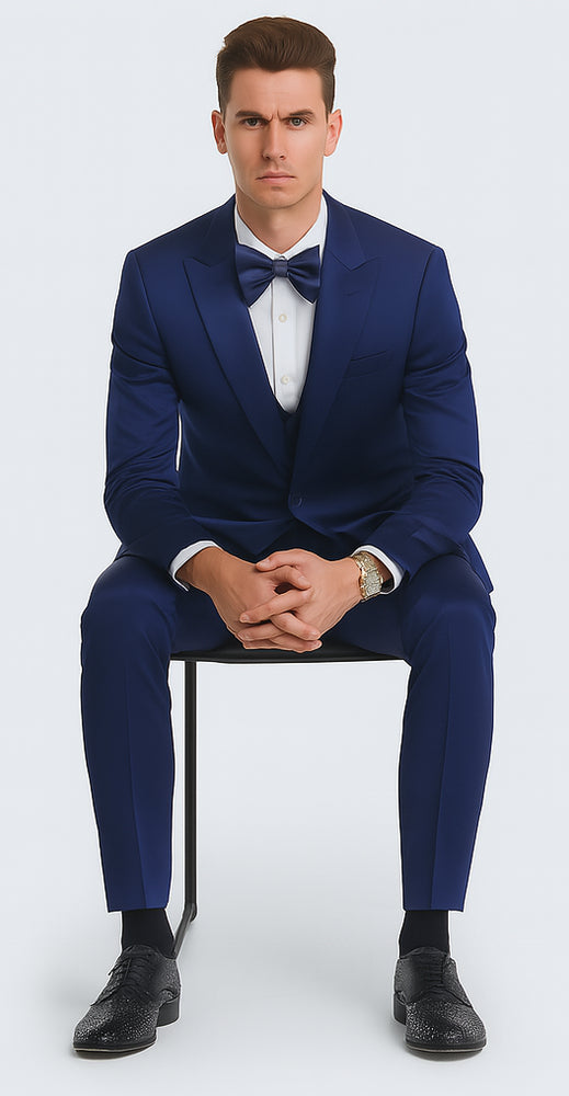 Men's Blue Satin 3 Piece Slim Fit Tazzio Suit with Peak Lapel and Double Breasted Vest – Stylish Formalwear