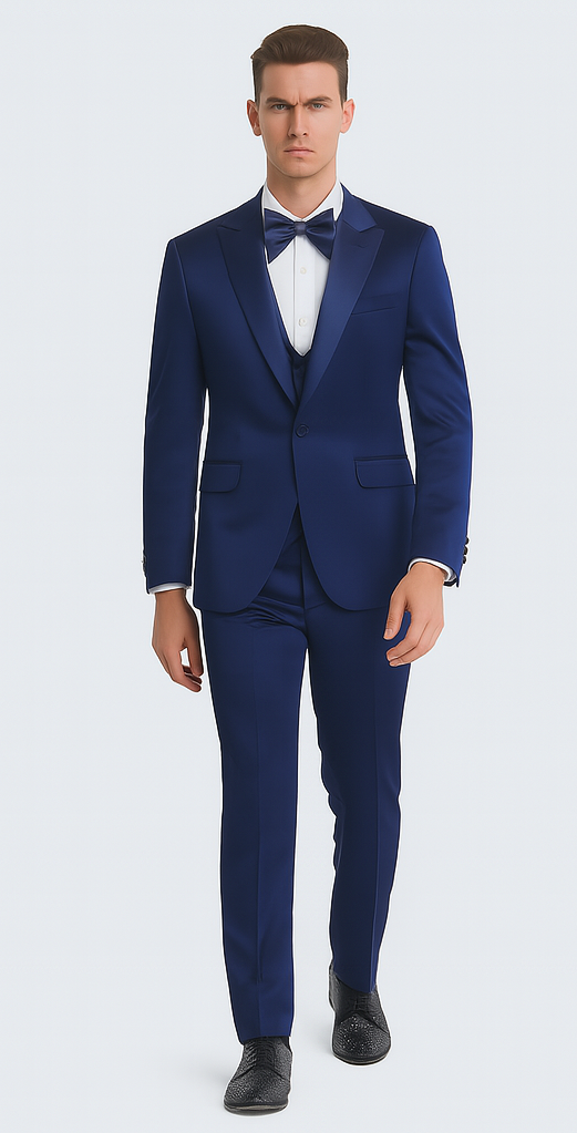 Men's Blue Satin 3 Piece Slim Fit Tazzio Suit with Peak Lapel and Double Breasted Vest – Stylish Formalwear